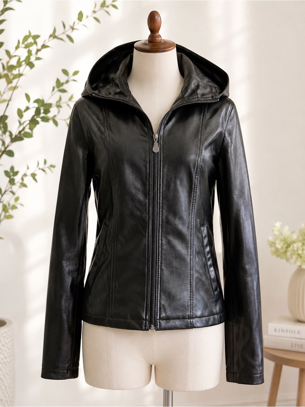Rosso Black & Gold Made in Italy Faux Leather Hooded Jacket Black Zip Large